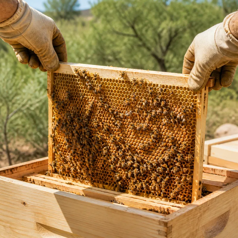 Gloved hands lifting a honeycomb frame covered with bees from a wooden hive