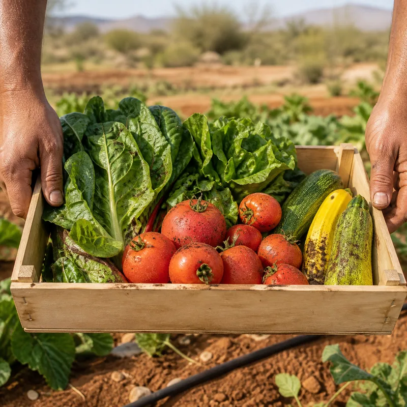 Hands holding a harvest crate of tomatoes, greens, and squash over a desert farm bed