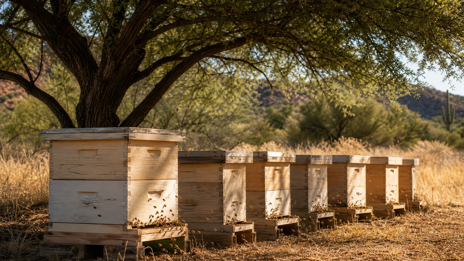 Pale wooden beehives beneath a mesquite tree on Arizona scrubland with bees in flight