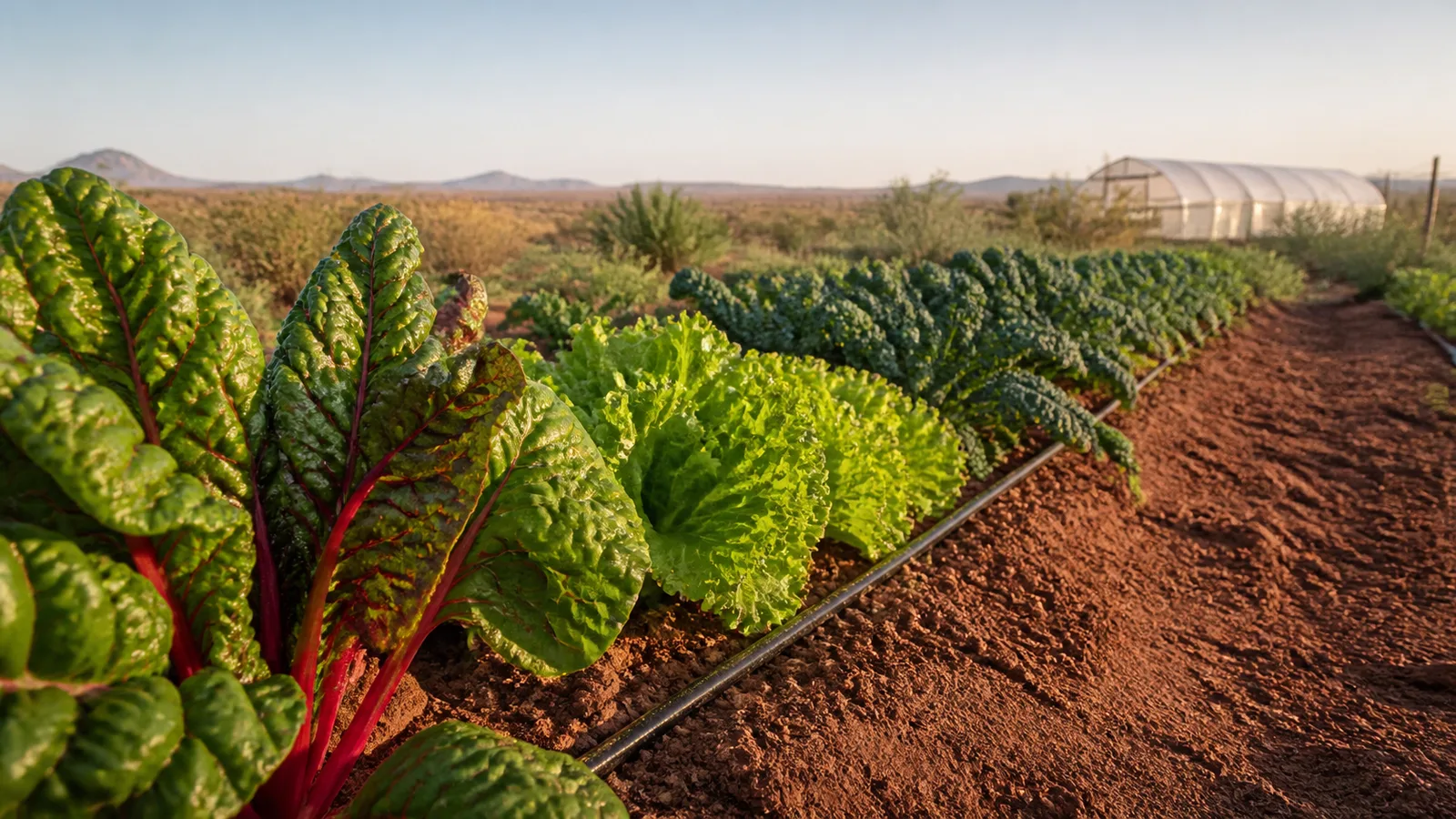 Thriving lettuce, kale, and chard growing in reddish desert soil beside drip irrigation