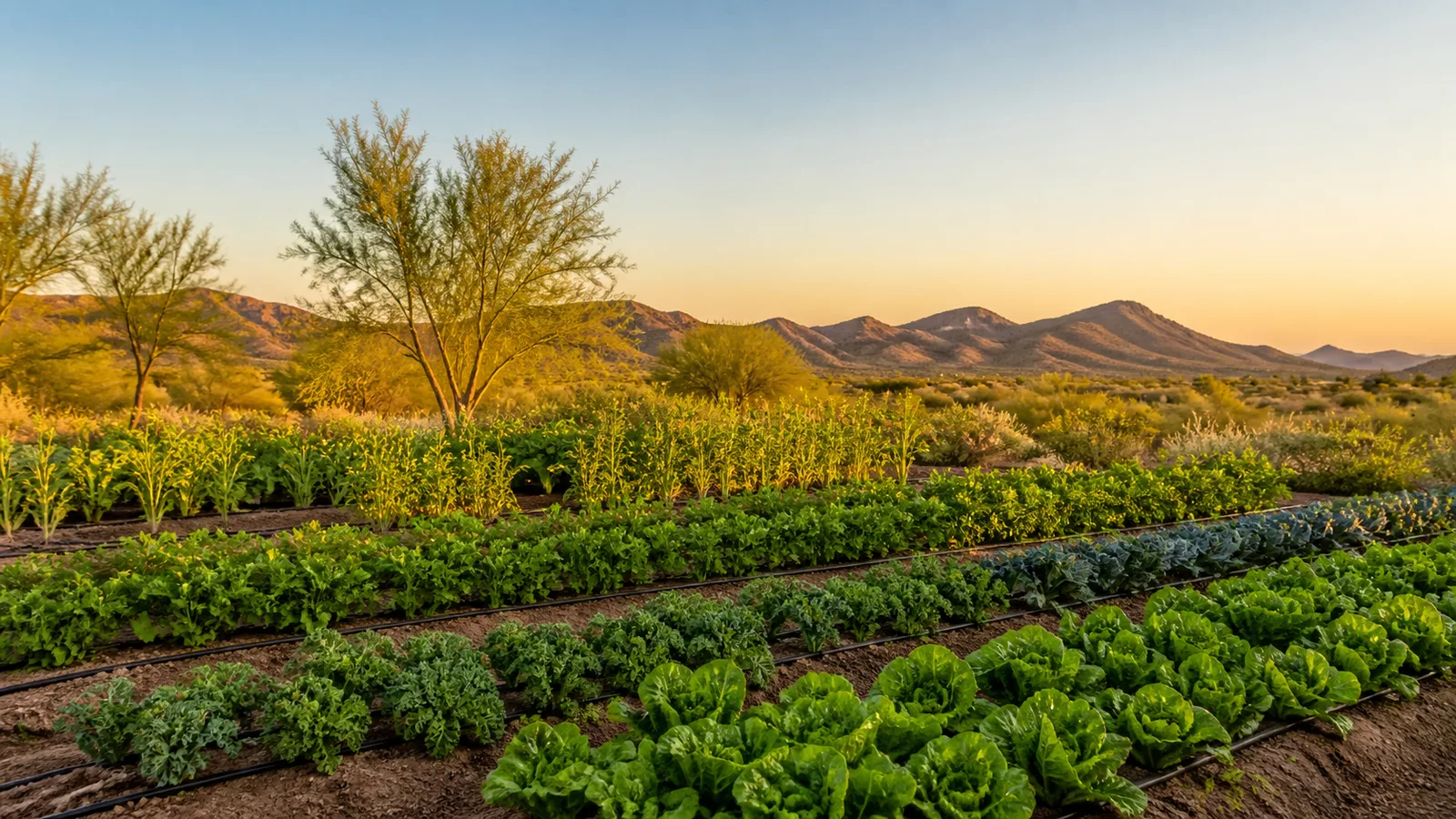 Rows of leafy vegetables on a desert-edge Arizona farm with trees and mountains at golden hour