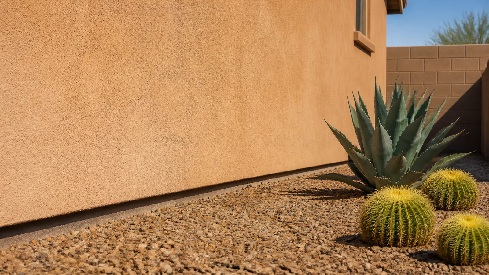 A gravel xeriscape with agave and barrel cacti beside a warm stucco Arizona home